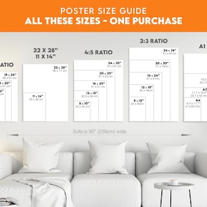 May include: Poster size guide with various dimensions in inches and centimeters. Includes 3:4, 4:5, 2:3, and A1 ISO ratios. Sizes range from 9x12 inches to 24x36 inches. The text reads "ALL THESE SIZES - ONE PURCHASE".