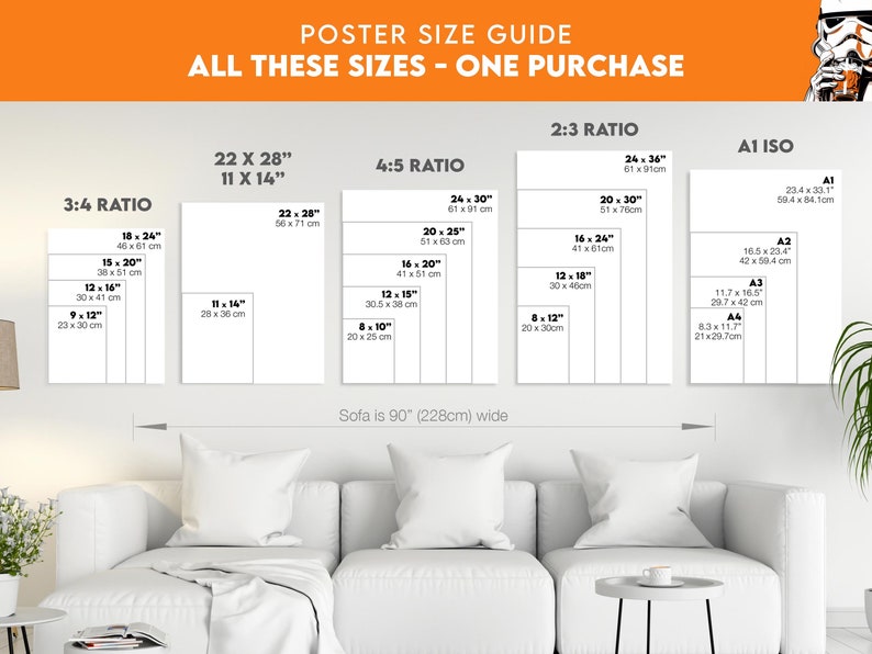 May include: Poster size guide with various dimensions in inches and centimeters. Includes 3:4, 4:5, 2:3, and A1 ISO ratios. Sizes range from 9x12 inches to 24x36 inches. The text reads "ALL THESE SIZES - ONE PURCHASE".