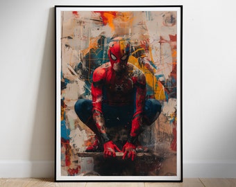 Könnte beinhalten: Ein digitaler Kunstdruck mit einem Superhelden in einem rot-blauen Anzug mit einem Spinnenlogo. Der Superheld hockt auf einer Plattform vor einem bunten abstrakten Hintergrund.