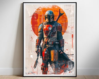 Könnte beinhalten: Ein digitaler Kunstdruck mit einem Mandalorianer-Charakter aus dem Star Wars-Universum. Der Charakter trägt eine rote und braune Rüstung mit einem Helm und einer Waffe. Der Hintergrund ist ein rotes und oranges abstraktes Design.
