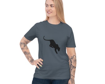 May include: A dark gray t-shirt with a black silhouette of a panther jumping. The t-shirt has short sleeves and a crew neck.
