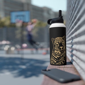 Jaguar Big Cat Leopard Water Bottle Panther Stainless Steel Water Bottle, Standard Lid Black Panther Gym Water Bottle