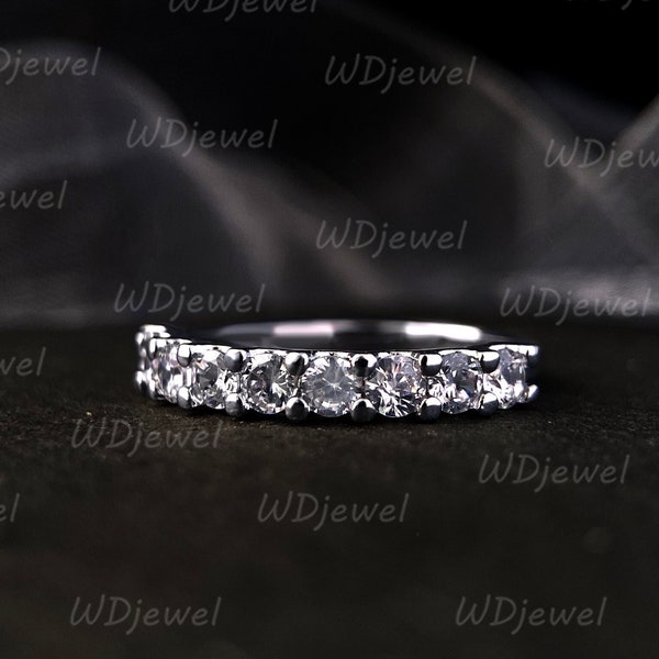 Half Eternity Wedding Band Minimalist Round Simulated Diamond Flat Ring Dainty Stacking Band Unique Anniversary Birthday Gifts for Women