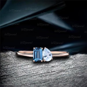 Dainty Toi Et Moi Ring .8ct Natural London Blue Topaz Emerald Cut  Light Blue Topaz Double Stones Engagement Ring Anniversary Gift For Girl