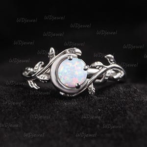 Round Opal Moon Engagement Ring Sterling Silver Natured inspired Ring Unique Personalized Leaf Wedding Ring Opal October Birthstone Rings