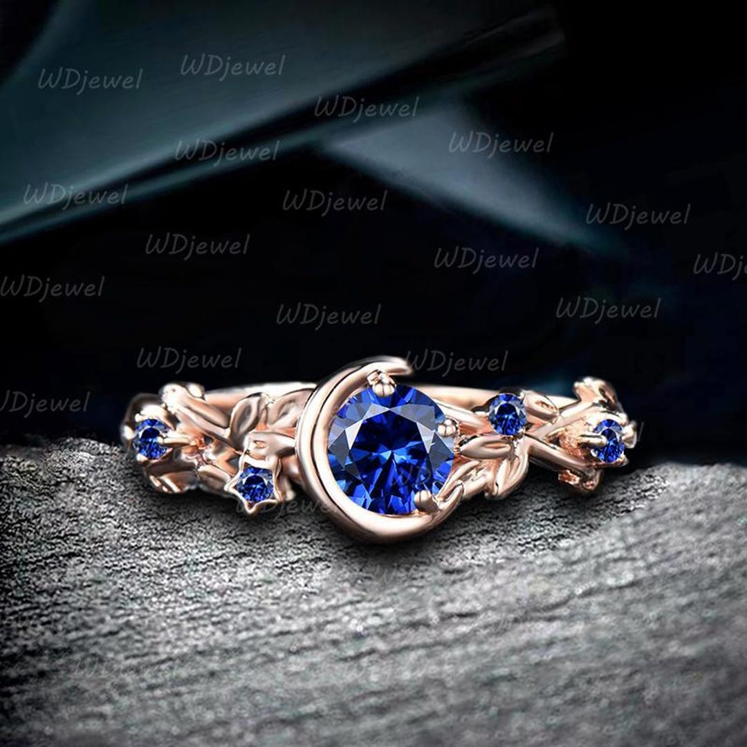 Moon Star Design Blue Stone Engagement Ring Solid Gold Round Blue ...