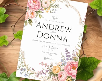 Country Garden Floral Wedding Invitation, Editable Canva Template, Printable Floral Wedding Stationery, Instant Download