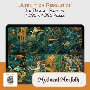 Mythical Merfolk Under the Sea Digital Design Paper Pack, Meerjungfrau & Wassermänner JPG - Ultra High Resolution Instant Download!! KOMMERZIELLE NUTZUNG