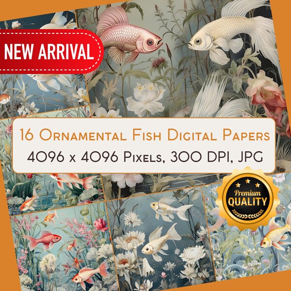 16 Ornamental Fish Digital Design Papers, Exotic Fish JPG's, Koi and Goldfish Backgrounds, Printable Pretty Tropical Fish Sublimations