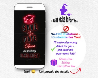 Uniqe Graduation invitation save the date red neon colour dancing text for your class of 2024 ready to download template