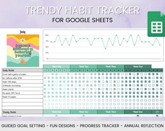 May include: A colourful printable habit tracker for Google Sheets with a July theme. The tracker includes a progress chart, daily habits, and weekly habits. The text "become addicted to bettering yourself" is featured in a colourful box.