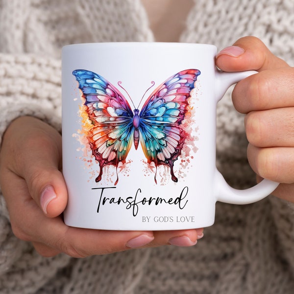 Butterfly Transformed by God's Love Coffee Mug, Faith Butterfly Mug, Christian Gifts for Women, Butterfly Gift, Religious Coffee Mugs