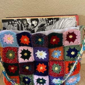 Colorful Crocheted Granny Square Bag with Removable Insert