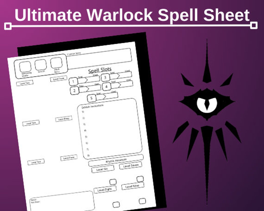 Ultimate Warlock Spell Sheet Printable Dnd Character Sheet Etsy