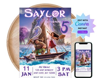 Verjaardagsuitnodiging Moana 2: bewerkbare canvassjabloon (5 x 7, 4 x 6)
