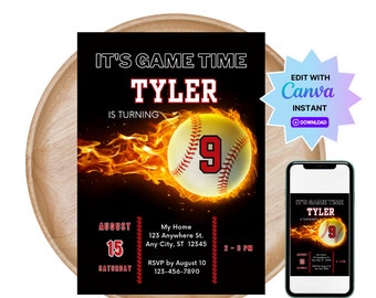 Invito di compleanno a tema baseball Fireball: modello Canva modificabile