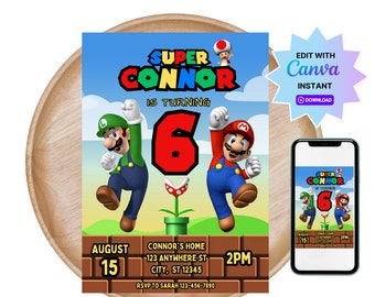 Verjaardagsuitnodiging Super Mario: bewerkbare canvassjabloon