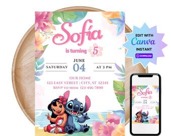Verjaardagsuitnodiging Lilo en Stitch: bewerkbare canvassjabloon
