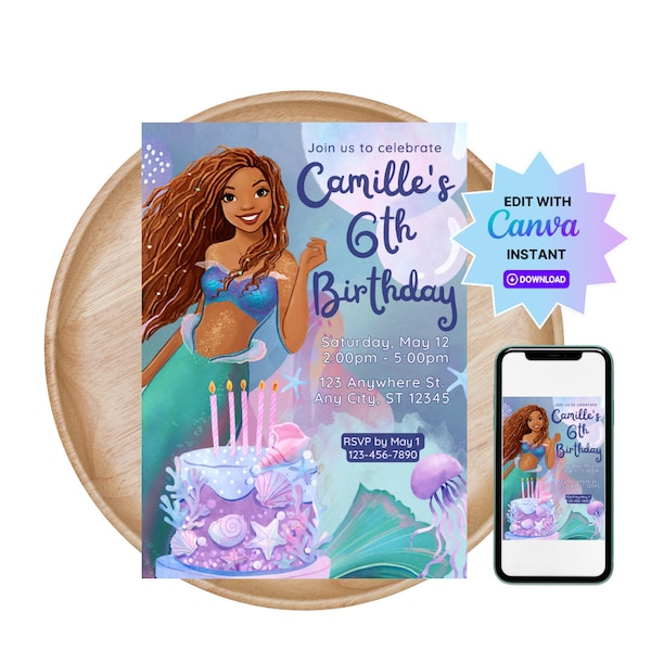 Bewerkbare uitnodiging voor het verjaardagsfeestje van de kleine zeemeermin| Ariel verjaardagsfeestje uitnodigen, nieuwe kleine zeemeermin verjaardag uitnodigen