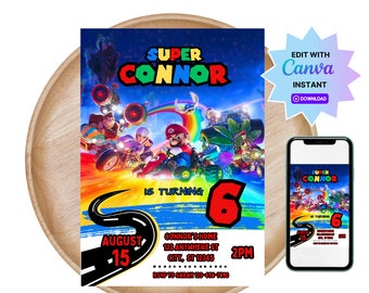 Bewerkbare Super Mario-verjaardagsuitnodiging: canvassjabloon