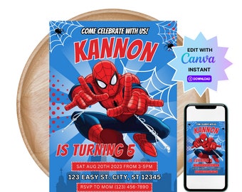 Bewerkbare sjabloon Spider-Man-verjaardagsuitnodiging (canva)