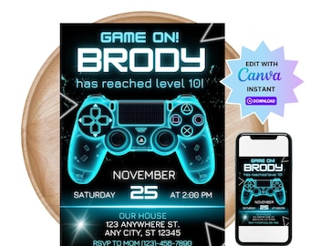 Verjaardagsuitnodiging gamer: Game On Party, bewerkbare canvassjabloon