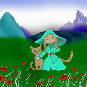 Può includere: Una donna con un mantello turchese con cappuccio e un gatto marrone con occhi verdi si trovano in un campo di fiori rossi. Lo sfondo presenta una catena montuosa blu.