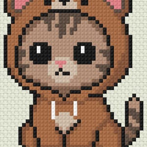 May include: A pixelated image of a cat wearing a brown bear costume. The cat has large black eyes, a pink nose, and a brown and tan striped pattern on its face. The bear costume has brown ears with pink inner ears and a white drawstring.