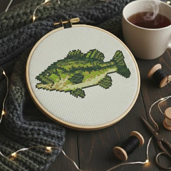 かわいいラージマウスバスのクロスステッチパターン | フープ刺繍