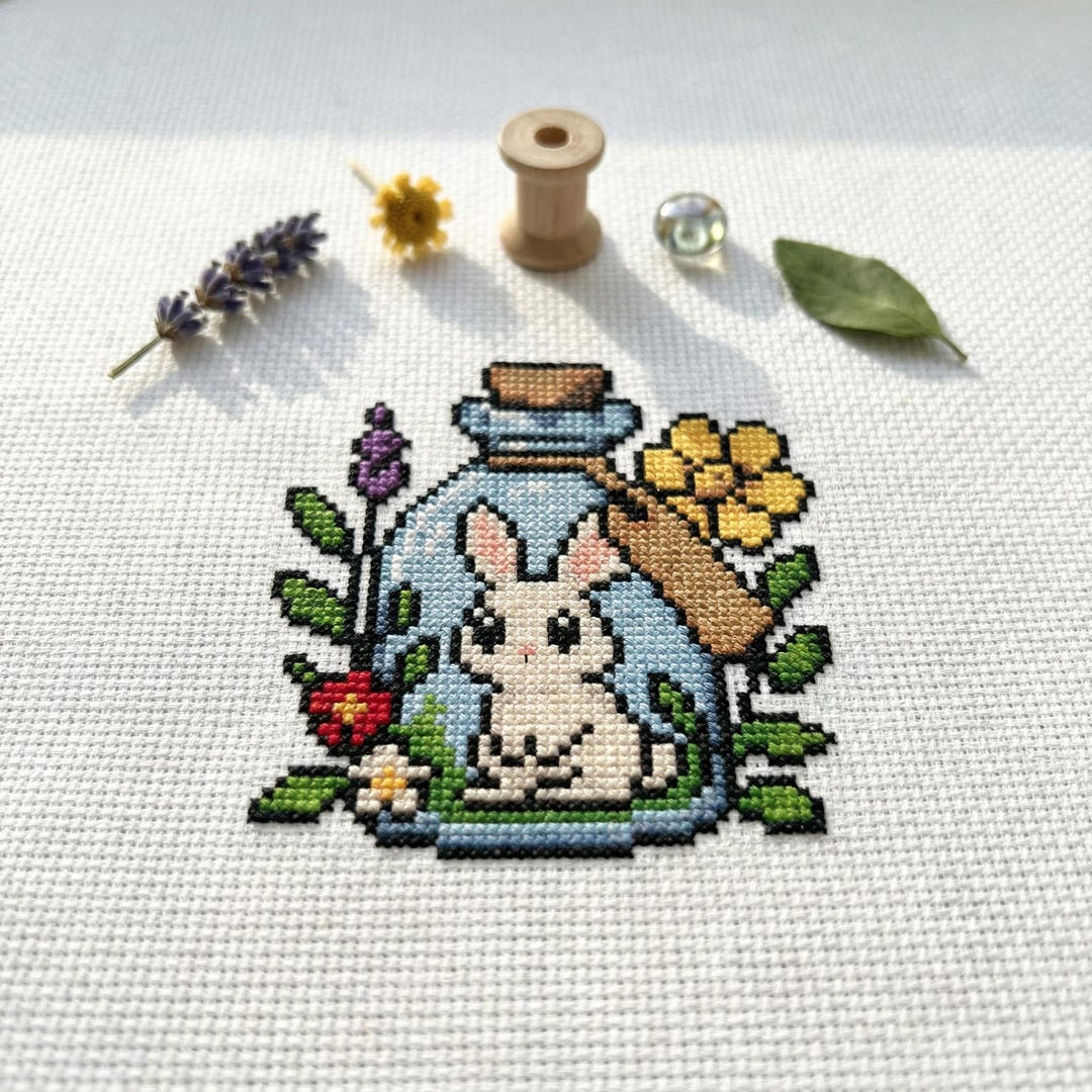 Bunny Jar Cross Stitch Pattern | Floral Embroidery (PDF) - Etsy