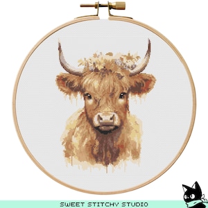 Highland Cow Cross Stitch Pattern | Hoop Embroidery | PDF | Instant Download | Commercial Use | Cross Stitch Chart