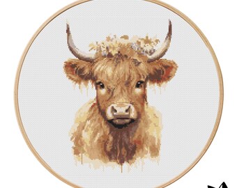 Highland Cow Cross Stitch Pattern | Hoop Embroidery | PDF | Instant Download | Commercial Use | Cross Stitch Chart