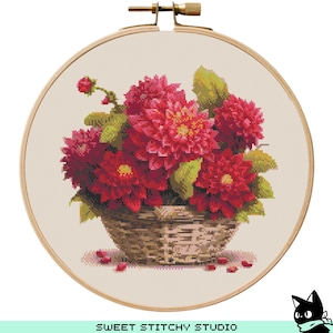 Dahlia Flowers In a Basket Cross Stitch Pattern | Hoop Embroidery | PDF | Instant Download | Commercial Use | Cross Stitch Chart