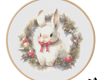 クロスステッチ　ハンドメイド   完成品　刺繍　うさぎとぷー クリスマスのかわいいウサギのクロスステッチパターン | フープ刺繍