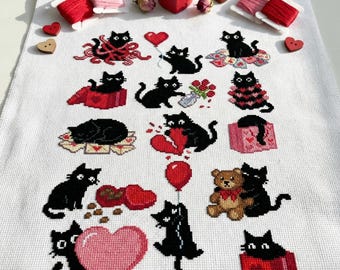Niedliches Valentinstag Kreuzstichmuster mit schwarzen Katzen | Stickrahmen-Stickerei PDF | Sofortdownload | Kommerzielle Nutzung | Kreuzstich Stickmuster