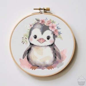 Floral Cute Penguin Cross Stitch Pattern | Hoop Embroidery | PDF | Instant Download | Commercial Use | Cross Stitch Chart