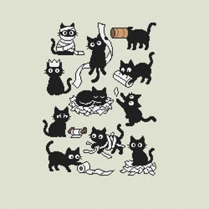 May include: A pixelated illustration featuring various black cats in playful poses. Some cats are wrapped in bandages, wearing crowns, or interacting with toilet paper rolls. The background is a light beige color, and the cats have simple, expressive faces.