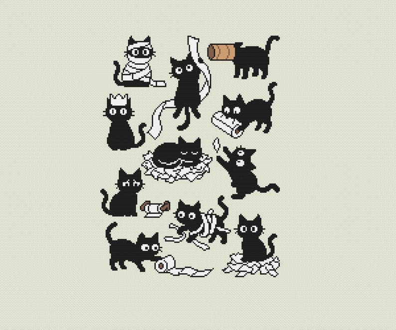 May include: A pixelated illustration featuring various black cats in playful poses. Some cats are wrapped in bandages, wearing crowns, or interacting with toilet paper rolls. The background is a light beige color, and the cats have simple, expressive faces.