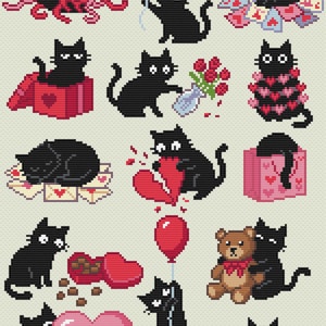 May include: A pixelated illustration featuring various black cats in Valentine's Day themed scenes. Cats are shown with hearts, balloons, gifts, and a teddy bear. The color palette includes red, pink, and black on a light beige background.