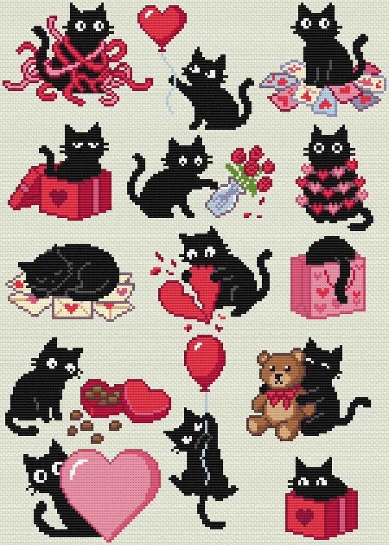 May include: A pixelated illustration featuring various black cats in Valentine's Day themed scenes. Cats are shown with hearts, balloons, gifts, and a teddy bear. The color palette includes red, pink, and black on a light beige background.