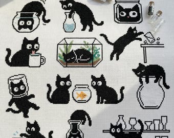 Cute Black And White Cat Glasses Cross Stitch Pattern | Hoop Embroidery | PDF | Instant Download | Commercial Use | Cross Stitch Chart