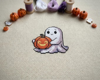 Cute Ghost Holding a Pumpkin Cross Stitch Pattern | Hoop Embroidery | PDF | Instant Download | Commercial Use | Cross Stitch Chart