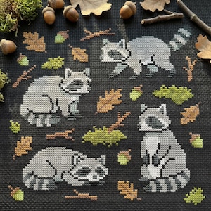 May include: A cross-stitch design showing four raccoons, leaves, acorns, and twigs on a black background. The raccoons are grey and white with black masks and striped tails. The leaves are brown and gold. The design evokes an autumnal woodland scene.