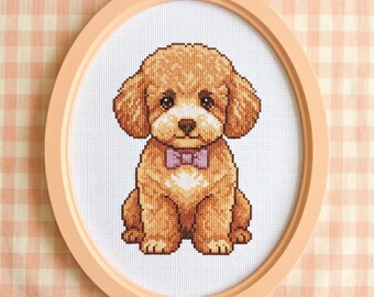 Poodle Puppy Cross Stitch Pattern | Goldendoodle Cavapoo Embroidery | Cute Dog with Bow Tie Wall Art | PDF Digital Download | Kawaii Pet Art