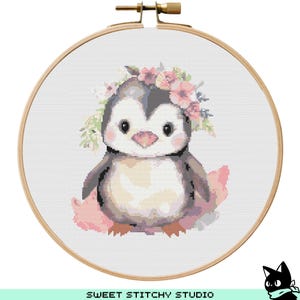 Bloemen schattig pinguïn kruissteekpatroon | Borduurring borduurring | PDF | Direct downloaden | Commercieel gebruik | Kruissteektabel