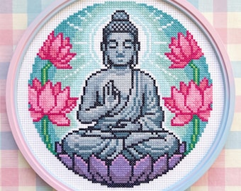 Zen Buddha Cross Stitch Pattern | Meditating Buddha & Pink Lotus Wall Decor | Mindfulness Spiritual Embroidery | PDF Digital Download Art
