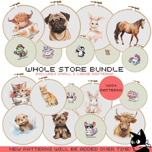 May include: A collection of 430+ cross stitch patterns featuring cute animals, including a pug, a highland cow, a bunny, a cat, a hamster, a chinchilla, a Yorkshire terrier, an otter, and a horse. The patterns are available in both small and large sizes. New patterns will be added over time.