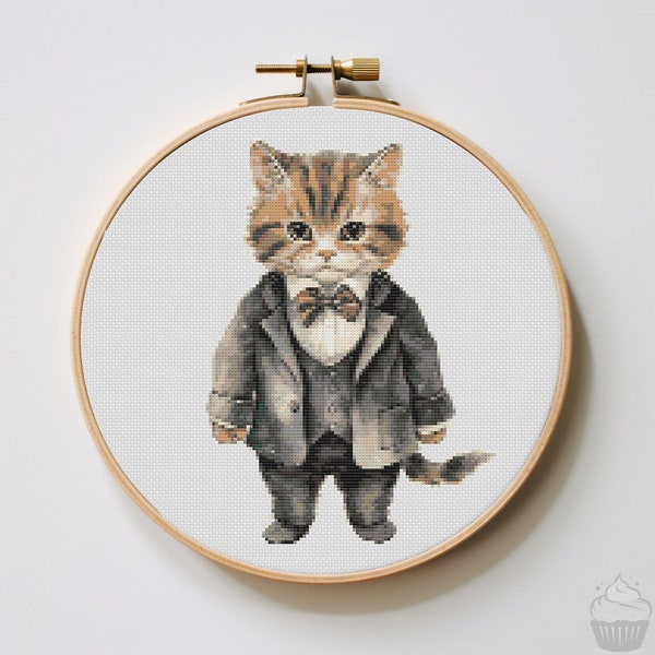 Cute Cat Wearing a Suit Cross Stitch Pattern | Hoop Embroidery | PDF | Instant Download | Commercial Use | Cross Stitch Chart