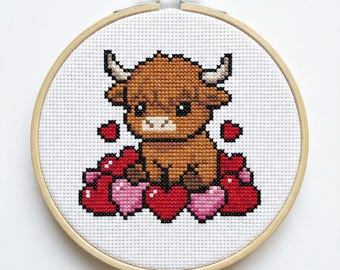 Cute Valentine's Highland Cow Cross Stitch Pattern | Hoop Embroidery | PDF | Instant Download | Commercial Use | Cross Stitch Chart