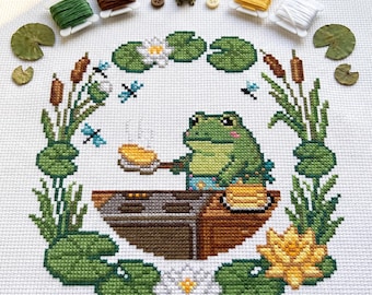 Frog Flipping Pancakes Cross Stitch Pattern PDF | Cute Cottagecore Toad Chart | Lily Pad Wreath Pixel Art | Funny Kitchen Wall Decor DIY